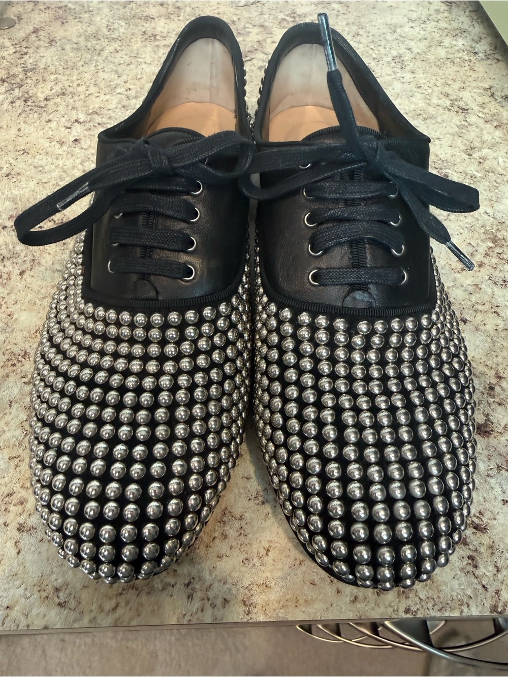 Christian Louboutin Black Leather Studded Lace-Up Flats